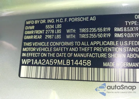 2021 Porsche Macan z USA, uszkodzony, nr VIN WP1AA2A59MLB14458